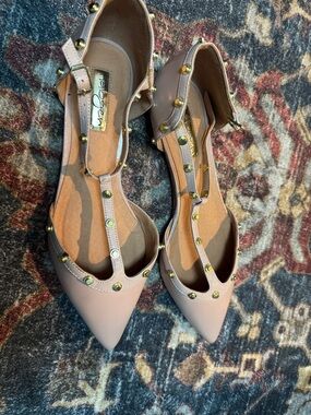 Halogen Olsen Pointy Toe Patent Leather Studded T-Strap Flats.